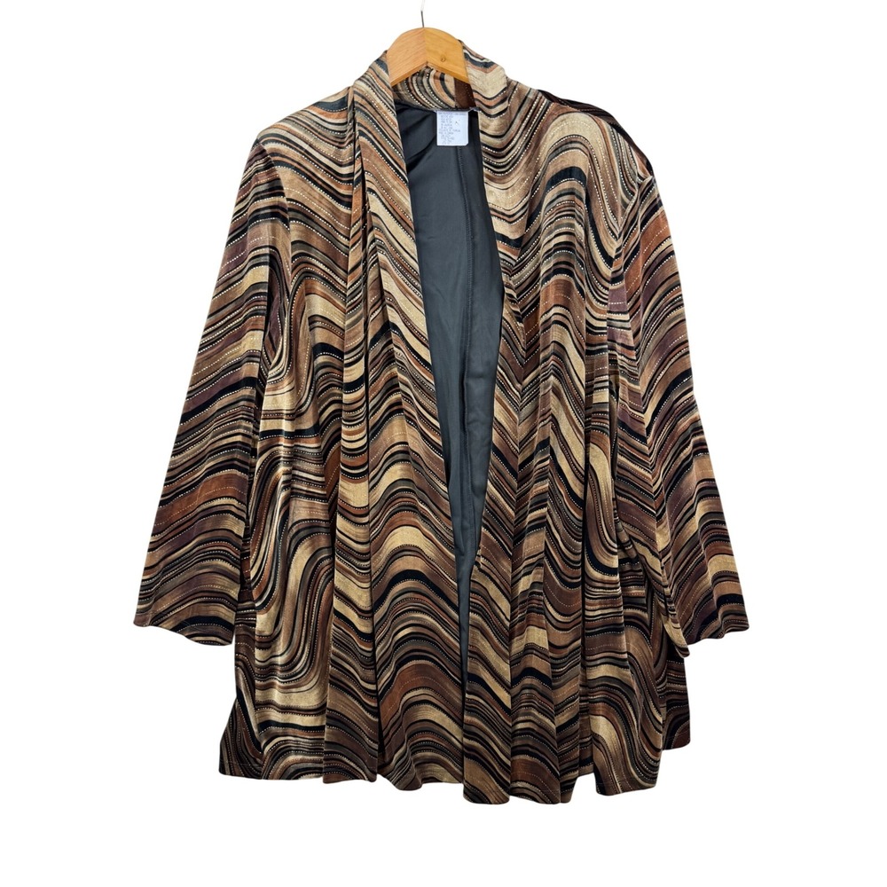 Vintage Maggie Barnes Swirl A-line Open Long Velvet Cardigan size 1X Brown/Gold
